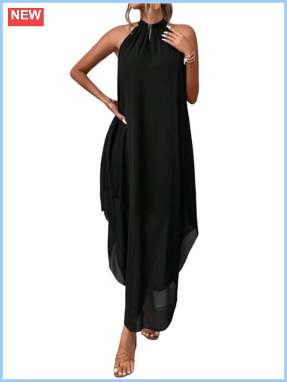 Women's Halter Neck Flowy Chiffon Maxi Dress High Low Formal Wedding Guest